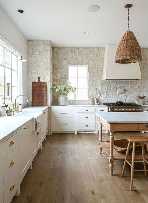 Kitchen Ideas European Style, European Farmhouse Flooring, Rustic Farmhouse Kitchen Ideas Cabinets, European Cottage Style Interiors, Farmhouse French Kitchen, European Farmhouse Aesthetic, Stone Arch Kitchen, European Kitchen Aesthetic, French Chateau Interiors Kitchen