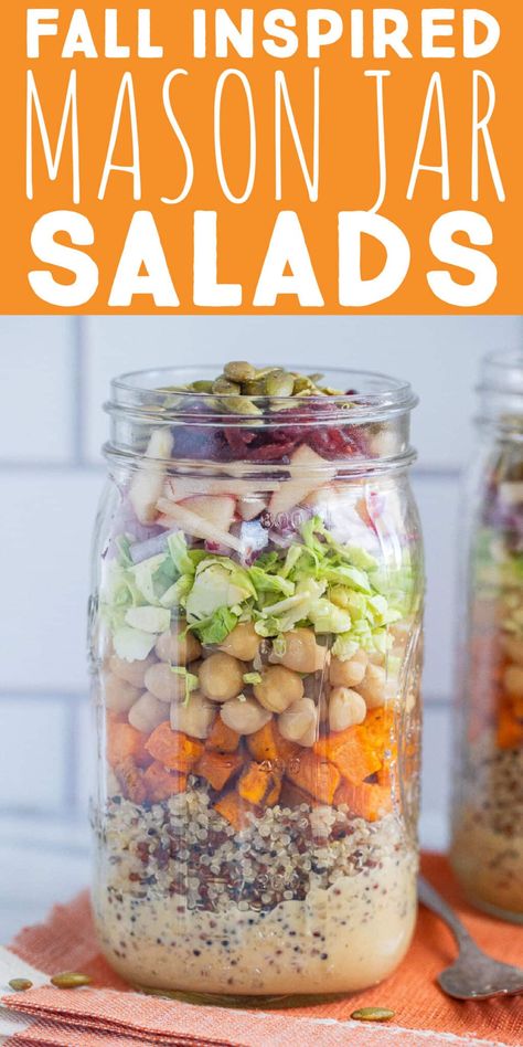 These Fall Inspired Mason Jar Salads are easy to assemble and great for meal prep lunches! They're packed with protein, veggies, vitamins and nutrients. The creamy apple cider vinegar dressing gives these salads a cozy feel, the sweet potato, apples and cranberries add sweetness and the quinoa, chickpeas and brussels sprouts bulk it up. Enjoy this fresh autumn recipe that will fill you up and make you feel good! #masonjarsalad #fallharvestsalad #mealprep #veganlunch #glutenfree Fall Mason Jar Salads, Hot Mason Jar Meals, Salads In Mason Jars Meal Prep, Jar Salad Meal Prep, Winter Crunch Mason Jar Salad, Salads In Jars Recipes, Jar Salads Mason Healthy Lunches, Mason Jar Salads For A Week, Quinoa Mason Jar Salad