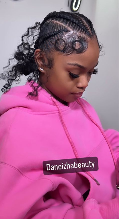 Classy Curly Wig Hairstyles, Stitch Braids Hairstyles Bun, Feed In Braids Designs Bun, Braids Into Two Buns For Black Women, 4feed In Braids, Messy Stitch Braids, Two Bun Braids For Black Women, Four Braids With Curls, Straight Back Into A Bun