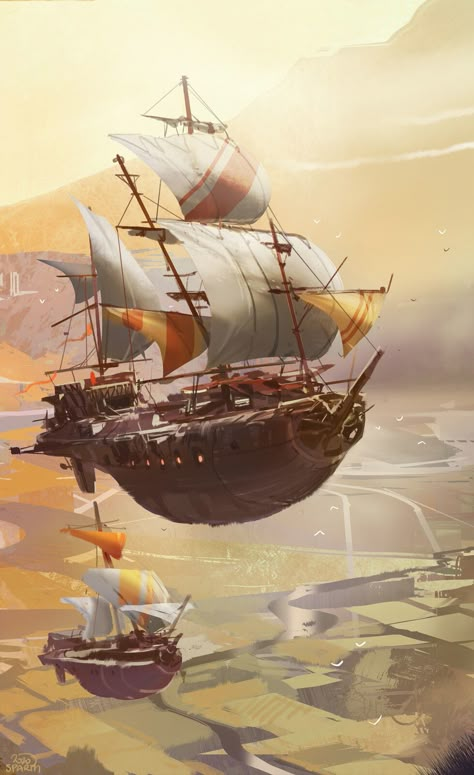 Sky Ship Fantasy Art, Flying Ship Concept Art, Flying Ship Fantasy Art, Fantasy Flying Ship, Fantasy Boat, Spelljammer Ships, Steampunk Vehicles, Steampunk Ship, Airship Art