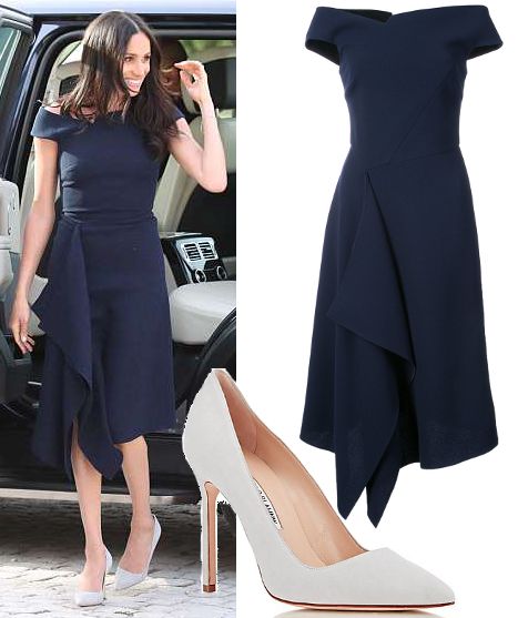 18 May 2018 - What Meghan Markle wore on eve of Royal Wedding. Click for outfit details Royals Fashion, Meghan Markle Outfits, Paula Patton, Prins Harry, Meghan Markle Style, Trendy Wedding Dresses, Elegante Casual, Navy Blue Dress, Black Wedding Dresses