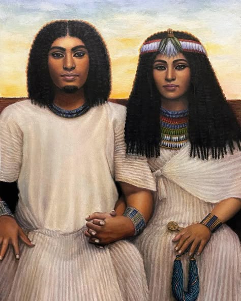 Yuny sitting next to his wife Renenutet. Yuny was the chief royal scribe and held many other positions, perhaps including that of a physician. Renenutet was a singer of Ymn-Ra (Amun-Ra), in her left hand she holds a Menat necklace, symbol of fertility and the goddess ḥwt-ḥr (Hathor). Period of Pharaoh Menmaatra (Seti I), 19th dynasty. (Oil on paper) Renenutet Goddess, Egyptian Design Pattern, Egyptian Artwork, Ancient Egypt Fashion, Amun Ra, Ancient Babylon, Sacred Woman, Egyptian Fashion, History Tattoos