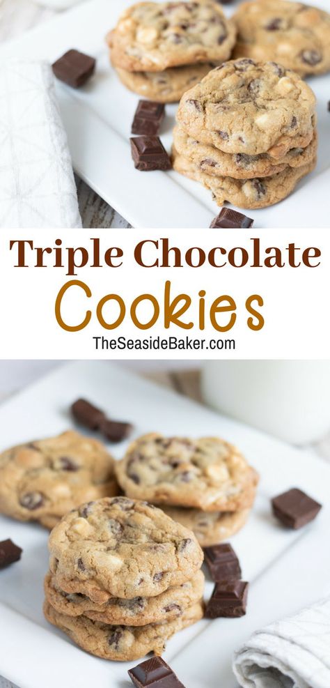 3 Chip Cookies, Tripple Choc Chip Cookies, White Chocolate And Milk Chocolate Cookies, Dark And White Chocolate Chip Cookies, Three Chocolate Chip Cookies, Chocolate Chip And White Chip Cookies, Triple Chocolate Chip Cookies Recipes, White Chocolate And Chocolate Cookies, Multi Chocolate Chip Cookies