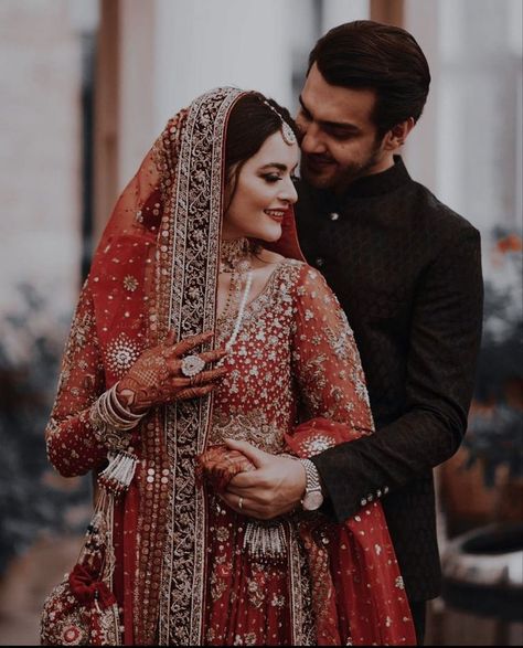 Barat Dress Design, Barat Dresses, Barat Dress, Muslim Wedding Photos, Bride Groom Photoshoot, Bride Groom Poses, Indian Bride Poses, Muslim Wedding Photography, Indian Wedding Poses