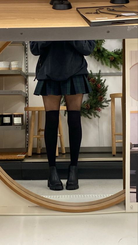 Knee High Boots Stockings Outfit, Stockings With Socks Outfit, Tights With Knee High Socks, Black Knee High Stockings Outfit, Black Knee High Socks Outfit Aesthetic, Knee High Socks With Loafers, Skirt With Thigh High Socks Aesthetic, Long Socks Winter Outfit, Tall Sock Outfits