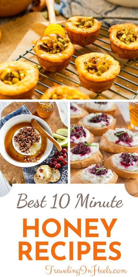 How sweet it is! Got 10 minutes? From baklava to brie, impress your guest with these easy-to-make 10-minute honey recipes!  #honeyrecipes #recipeswithoney #entertainingrecipes #honeyappetizerrecipes #honeyrecipesbaking #honeycocktailrecipes #homemadebaking Honey Side Dishes, Honey Based Recipes, Lemon Honey Dessert, Honey Breakfast Ideas, What To Eat With Honey, Sweets Made With Honey, Snacks Made With Honey, Foods With Honey, Savory Honey Recipes