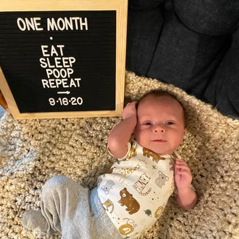 One month baby photo. Photo board says Eat, Sleep, Poop, Repeat. Infant laying on blanket next to sign. First Month Pictures Ideas, Newborn One Month Quotes, One Month Old Milestones Photo Ideas, Boy 1 Month Photo Ideas, 1st Month Photoshoot Ideas At Home, One Month Milestones Baby Photos, One Month Old Photoshoot At Home, Baby Boy Monthly Milestone Ideas, 1 Month Picture Ideas