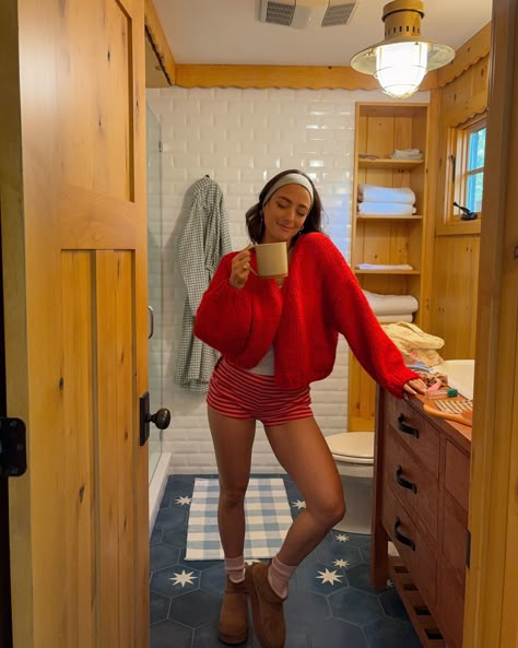 cozy mornings at the cabin ☕️🎀🕯️🪵 Cabin Pics Insta, Cute Outfits For Staying At Home, Cabin Vibes Outfit, Beach Bonfire Outfit Winter, Winter Cabin Instagram Pictures, Winter On The Beach Outfits, Cabin Cozy Outfit, Couples Cabin Trip Aesthetic, Cabin Girls Trip Aesthetic