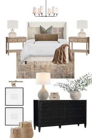 Modern Airy Bedroom, Bedroom Trunk, Neutral Tones Bedroom Nightstand, Modern Transitional Bed Room, Beige Headboard Bedroom, Timeless Bedroom Ideas, Transitional Bedroom Beds & Frames, Nuetral King Bed, Modern Farmhouse Bedroom Master Suite Beds & Bed Frames