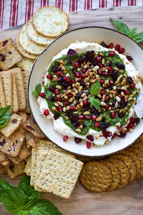 Pesto and Goat Cheese Spread with Cranberries and Pine Nuts — My Diary of Us Pesto And Goat Cheese, Pesto Goat Cheese, Veggie Dips, Pine Nut Pesto, Cranberry Appetizer, Goat Cheese Spread, Cranberry Dip, Goat Cheese Dip, Goat Cheese Appetizer