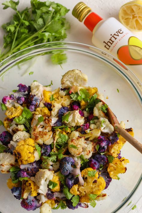 Valentines Menu Ideas, Colored Cauliflower, Dinner Ideas At Home, Work Salads, Cauliflower Brussel Sprouts, Lean Recipes, Roasted Cauliflower Salad, Colourful Party, Whole30 Vegan