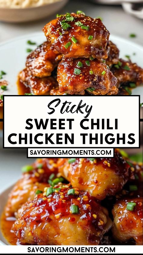 These Sticky Sweet Chili Chicken Thighs are the perfect balance of sweet and spicy, coated in a glossy, flavor-packed sauce that will have everyone asking for seconds. Juicy, tender, and irresistibly delicious! Hungry? Click for the full recipe #chickenrecipe #easychickendinner #sweetchilichicken #dinnerideas #stickychicken #spicyandsweet #weeknightmeals #homemadechicken #quickdinner #comfortfood Healthier Sweet And Spicy Chicken, Chicken Recipes With Sweet Chili Sauce, Spicy Sweet Chili Chicken, Sweet And Spicy Chicken Sauce, Chicken Chunks Recipe Healthy, Sticky Sweet Chili Chicken Thighs, Chicken Thigh Chunks Recipes, Sweet Chicken Chili, Thai Chili Chicken Recipes