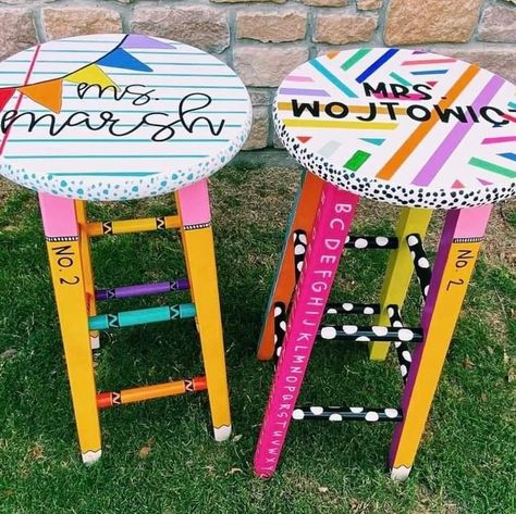 Classroom Stools Painted, Diy Teacher Stool, Classroom Chair Ideas, Classroom Teacher Chair, Elementary Classroom Themes Colorful, Teacher Stools Painted Diy, Teacher Shower Ideas, Teacher Chairs For Classroom, Teacher Rocking Chair Painted