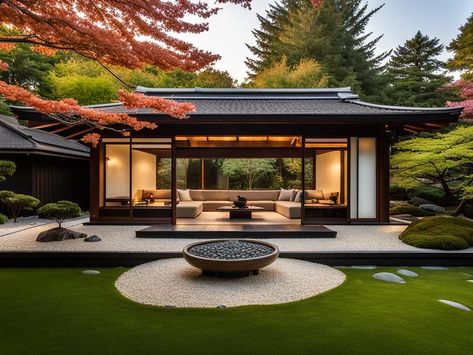 Zen Garden Room, Zen House Exterior, Japanese Style Backyard, Zen Landscape Design, Home Zen Garden, Zen Garden Ideas, Japanese Bath House, Zen Landscape, Zen House