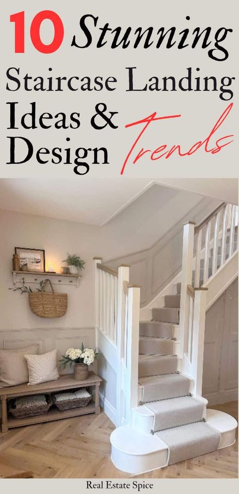 11 Staircase Landing Ideas: Easy Stylish Decorating Long Narrow Landing Ideas Upstairs, Double Wall Stairway Decorating, Small Staircase Landing Decor Ideas, Foyer Stairs Entryway, Large Stairway Wall Decor Ideas, Base Of Stairs Decor, Gallery Landing Ideas, Small Stair Landing Ideas, Decorating Hall Stairs And Landing