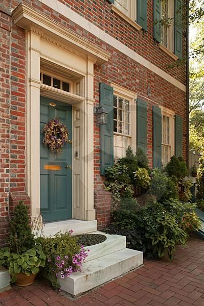 Society Hill Residence...beautiful. Orange Brick Houses, Brown Brick Houses, Grey Garage, Red Brick House Exterior, Cottage Patio, Green Shutters, Orange Brick, House Shutters, Brown Brick