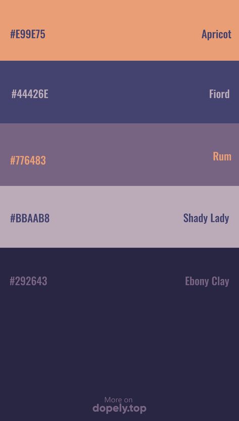 Color Palette inspiration with these hex codes: #E99E75 #44426E #776483 #BBAAB8 #292643 #dopely #colorpalette Color Palettes With Hex Code, Color Theory Color Palette, Color Palette Website Colour Schemes, Hex Color Pallete, Google Slides Color Palette Codes, Google Calendar Hex Codes Boho, Vibrant Neutral Color Palette, Colour Pallete With Hex Code, Teal Color Palette Hex Code