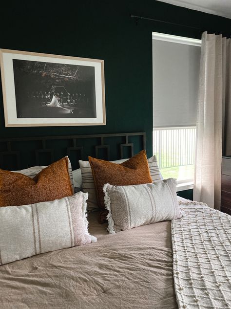 Dark Walls Light Bedding, Dark Green And Sage Bedroom, Light And Dark Green Bedroom, Dark Green And Dark Grey Bedroom, Green Brown Home Decor, Dark Green And Neutral Bedroom, Moody Emerald Green Bedroom, Charleston Green Bedroom, Rust Green Bedroom