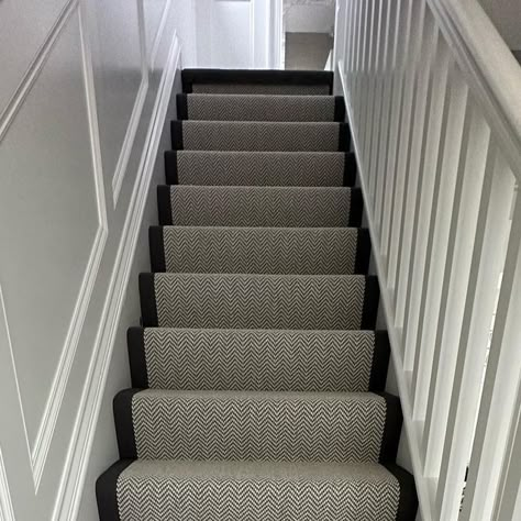 Stair master carpets on Instagram: "Recent installation of our wool herringbone carpet from @fibreflooring Fitted with a gravel grey cotton border. Full width. Www.Stairmastercarpets.Com #carpetstairs #staircarpet #homerenovation #interiordesign #stairs #flooring #homedecor #carpetinstallation #staircarpet #homeimprovement #renovationideas #carpet #stairrunner #carpetrunner" Stairs Flooring, Herringbone Carpet, Stairs And Hallway Ideas, Striped Stair Runner, Stair Runner Installation, Carpet Staircase, Alternative Flooring, Hall Carpet, House Staircase