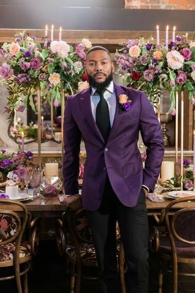 Beautiful Venues, Purple Tuxedo, Purple Wedding Theme, Modern Marble, Purple Suits, Handsome Groom, Party Stationery, New Couple, Stories To Tell