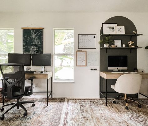 Creating a Home Office for Two - Within the Grove Home Office Setup Two People, Home Office Ideas With Two Desks, Home Office Inspiration Shared, Wfh Shared Office, Minimalist Home Office For Two, Sharing Office Space At Work, His And Her Study Shared Office, Couples Shared Office, Home Office For 2 People Workspaces