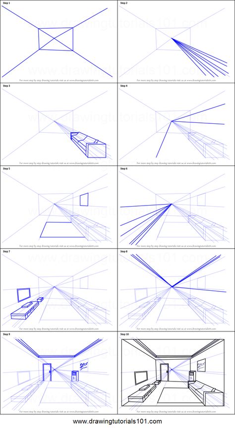 How to Draw One Point Perspective Room Printable Drawing Sheet by DrawingTutorials101.com One Point Perspective Tutorial, One Point Drawing Perspective, Drawing Shapes In Perspective, One Point Room Perspective Drawing, How To Draw Perspective Step By Step, How To Perspective Drawing, Step By Step Perspective Drawing, Perspective Drawing Templates, Drawing Perspective Room