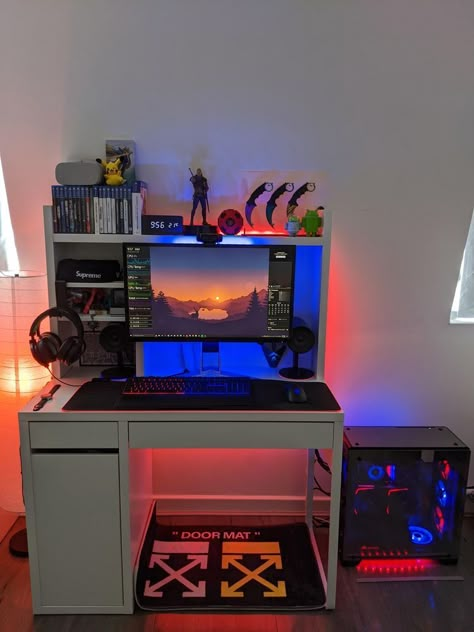 Gaming Room Setup Tv Stands, Gaming Setup For Small Space, Ps4 Desk Setup, Small Gamer Setup, Micke Desk Gaming Setup, Ikea Micke Desk Gaming Setup, Gaming Setup Small Spaces, Small Desk Gaming Setup, Tiny Gaming Setup