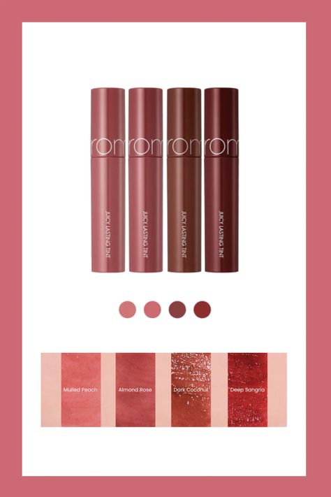 Romand Juicy Lasting Tint Jujube, Rom&nd Juicy Lasting Tint, Gilmore Girls Clothing, Romand Juicy Lasting Tint, Autumn Fruits, Lip Collection, Peach Makeup, Lip Tints, Oil Based Cleanser