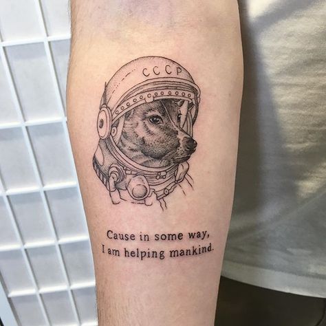 Peta su Instagram: "🐶 Laika the space dog 🐶 Thanks for the hangs Tom! ✨ #laikadog #space #thesmithstreetband #illustrativetattoo #fineline #finelinetattoo…" Space Dog Tattoo, Laika Tattoo, Laika Space Dog, Laika Dog, Funky Tattoos, Space Dog, Poor Dog, Stick And Poke, Dream Tattoos