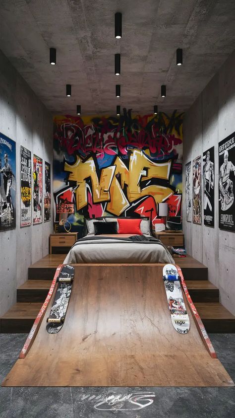 20 Skater Room Ideas for the Ultimate Skateboarder Haven - Roomrhythm Skater Aesthetic Room, Skater Room Ideas, Skateboard Bedroom, Skater Room, Skateboard Display, Rhythm Design, Skateboard Room, Skateboard Decor, Skate Aesthetic