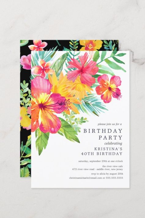 Watercolor Hibiscus Floral Tropical Birthday Party Invitation #birthday #happybirthday #birthdaycards #birthdayparty #firstbirthday #tropical #summer #floral #Hibiscus #hawaii Tropical Birthday Invitations, Hibiscus Hawaii, Hawaii Themed Party, Tropical Theme Party, Hawaii Theme, Tropical Birthday Party, Floral Birthday Invitations, 50th Birthday Ideas, Tropical Birthday