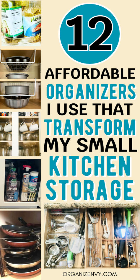 Collage of photos showing kitchen organizers in kitchen cabinets and drawers. Kitchen Organizers Cabinets, Kitchen Organizers Small Spaces, Storage For Utensils, Storing Utensils Storage Ideas, Organization Ideas For Cabinets, Small Kitchen Drawer Organization Ideas, Pot And Pan Storage Ideas Space Saving, Ways To Store Pots And Pans, Cabinet Organizers Kitchen