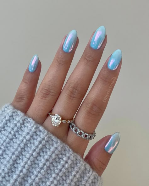 31 Cute Chrome Nails Designs for a Trendy Manicure Pastel Blue Crome Nails, Blue Chrome Nails With Rhinestones, Chrome Colorful Nails, Light Blue Chrome Acrylic Nails, Baby Blue With Chrome Nails, Aquamarine Chrome Nails, Blue Chrome Nails With Design, Chrome Nails Blue Purple, White And Blue Chrome Nails