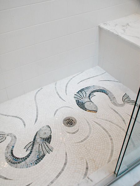 Tapeti Clair Fish Mosaic - Artsaics Fish Mosaic, Bathroom Mosaic, Shower Mosaic, Mosaic Bathroom Tile, Tile Options, Mosaic Bathroom, Mosaic Murals, Custom Mosaic, Shower Tile Designs