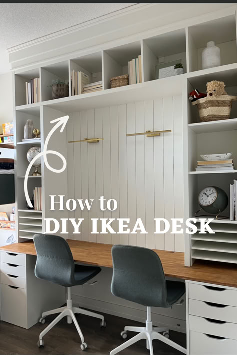 Built In Desk And Shelves, Ikea Built In, Ikea Office, Basement Office, Office Built Ins, Rooms Design, Study Room Design, Office Playroom, Ikea Desk