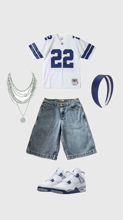 silver layered necklace, blue and white jersey, jorts, jordan 4s, Jersey Shirt Outfit, Billie Concert, Jorts Outfit, Street Style Outfits Casual, Baggy Clothes, Blue Jersey, Jersey Outfit, Outfit Inspo Casual, Cute Everyday Outfits