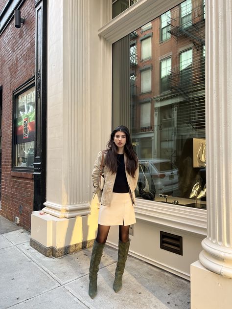 Green Suede Boots Outfit, Cream Leather Skirt Outfit, Leather Pencil Skirt Outfit, Green Suede Boots, Suede Boots Outfit, Tall Boots Outfit, Pencil Skirt Outfit, Cream Leather Jacket, Cream Outfit