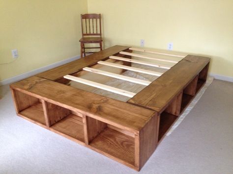 Underbed storage, stained cubbies. This one is queen size. Queen Bed Frame Diy, Diy King Bed, Diy King Bed Frame, Diy Storage Bed, Diy Platform Bed, Convertible Furniture, Diy Bed Frame, Platform Bed With Storage, King Size Bed Frame