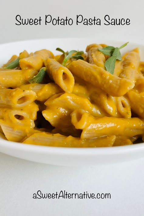 This sweet potato pasta sauce is rich, creamy, and delicious. It's perfect for a fall or winter dinner or lunch. Sweet Potato Pasta Sauce, Sweet Potato Sauce, Red Pepper Pasta Sauce, Beet Pasta, Sweet Potato Pasta, Carrot Pasta, Histamine Diet, Low Histamine Diet, Potato Pasta