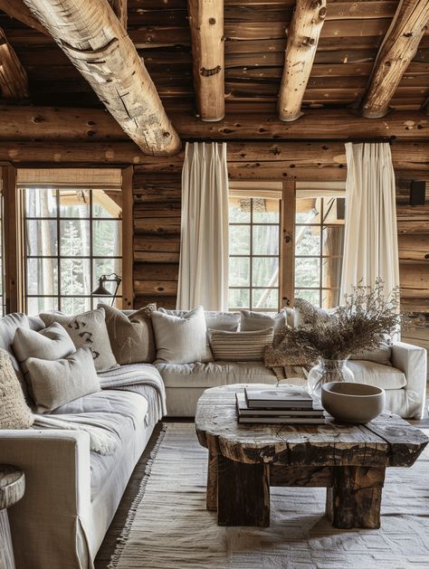 Log Walls Interior Decorating Ideas, Rustic Cabin Living Room Furniture, Log Cabin Family Room, Dark Cabin Living Room, Log House Interior Design, Bright Log Cabin Interior, Alpine Cabin Interior Design, Cozy Wooden House Interiors, Log Cabin Curtain Ideas