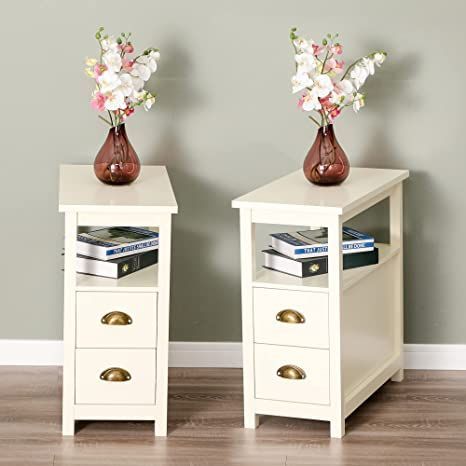 MAISON ARTS Narrow End Tables Set of 2 with Storage Drawers & Open Storage Shelf Sofa Side Tables Compact Nightstands Bedside Tables for Living Room Bedroom, Ivory Mini Side Tables Bedroom, Compact Nightstand Small Spaces, Narrow Bed Side Table, Slim Bedside Table Ideas, Small Table With Drawer, Small Tables For Bedroom, Small Round Bedside Table Ideas, Small End Tables Bedroom, Narrow Nightstand With Drawers