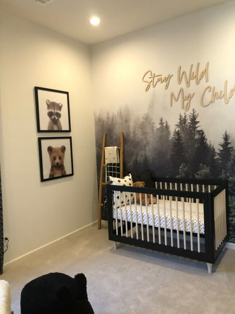 Forest Neutral Nursery, Black And Wood Crib, Nursery Woods Theme, Gold And Black Nursery, Black And Oak Nursery, Black Themed Nursery, Wood Themed Nursery, Dark Forest Nursery, Black And Brown Nursery