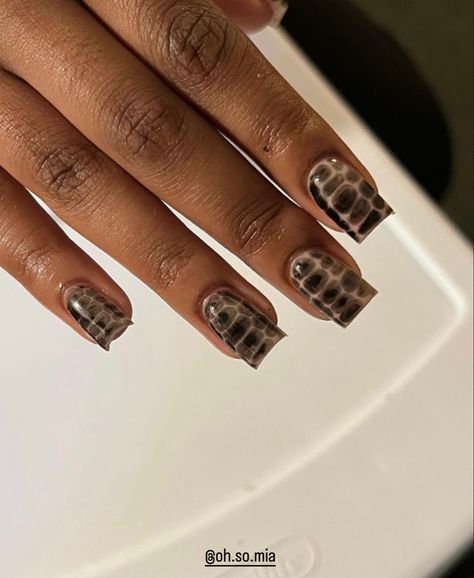 Short Black Croc Nails, Full Croc Nails, Short Square Croc Nails, Short Alligator Nails, Black Alligator Nails, Short Nails Edgy, Short Croc Print Nails, Black And White Croc Nails, Short Crocodile Nails