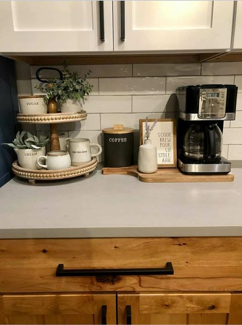 Coffee Bar On Kitchen Counter Ideas, Diy Coffee Bar Countertop, Cake Stand Coffee Bar, Keurig Mini Coffee Station On Counter, Simple Coffee Area On Counter, Cute Coffee Nook, Coffee Corner On Kitchen Counter, Coffee Area Countertop, Modern Farmhouse Coffee Station