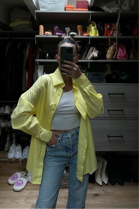 This Shop Tan Lines yellow button up shirt is my new favorite spring/summer item. I linked it along with this whole outfit on my LTK page. | outfit, style, looks, favorites, shirt, button up Lined Shirt Outfit, How To Style A Yellow Shirt, Yellow Shirts Women, Yellow Button Down Outfit, Yellow Shirt Outfit Aesthetic, How To Style Yellow Shirt, Yellow Button Up, Yellow Shirt Outfit Women Casual, Yellow Long Sleeve Shirt Outfit