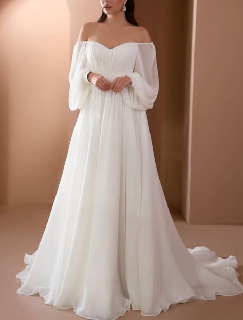 Wedding Dresses Not Poofy, Large Wedding Dress Gowns, Wedding Dresses For Woodland Wedding, Small Wedding Dress Simple, Thick Off The Shoulder Wedding Dress, Simple Ethereal Wedding Dress, Puffed Long Sleeve Wedding Dress, Traditional Celtic Wedding Dress, White Bridesmaid Dresses Long Sleeve