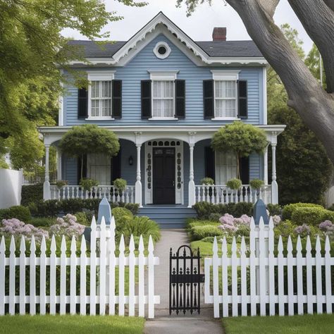 Light Blue Colonial House Exterior, Shutter Colors For Light Blue House, Victorian House Exteriors, Victorian Farmhouse Exterior Colors, Light Blue Exterior House, Blue Suburban House, Paint House Exterior Colors Ideas, Victorian Exterior House, Blue Grey House Exterior