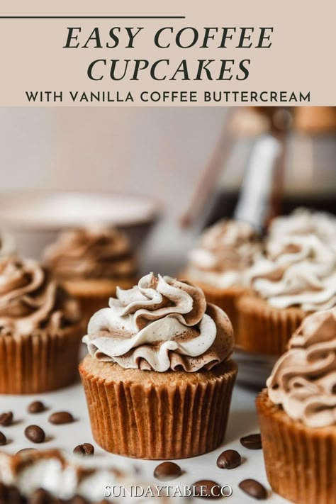 These homemade coffee cupcakes with vanilla coffee buttercream are fluffy, moist, & easy to make from scratch! With instant espresso, they're full of coffee flavor. After they're baked, the espresso cupcakes are topped with a swirled frosting. But you can try other decorating ideas too. The buttercream frosting is the best ever - light, fluffy, & not too sweet! Try filling these cupcakes with chocolate ganache or caramel sauce, or make them gluten free with a flour replacement. Beyond delicious! Vanilla Filling For Cupcakes, Espresso Cupcakes Recipe, Coffee Cupcake Design, Coffee Cupcake Ideas, Espresso Martini Cupcakes, Coffee Flavored Cupcakes, Coffee Cupcakes Recipe, Coffee Themed Cupcakes, Coffee Shop Treats