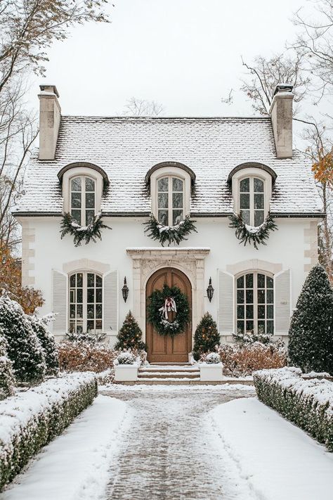 Dormer Window Christmas Decorations, French Casement Windows Exterior, House Dormer Ideas, Arched Dormer Window, Shutters On Arched Windows Exterior, Cottage House Vibes, Cottage Christmas Decor Exterior, Cotswold Cottage Exterior, House With Side Entrance