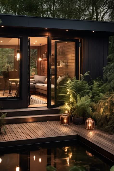 There's something special, warm and inviting about seeing a garden room glowing at the bottom of your garden, which our creative team have captured beautifully with this AI-powered design.⁠ All our ideas are fully buildable, based on our tried & tested designs - see our website portfolio for finished builds. ⁠ #intothegardenroom #gardenrooms #gardencabins Outdoor Garden Rooms Ideas, Garden Room Floor Plan, Garden Room Ideas Interior Design Decor, Modern Garden Room, Office Garden Outdoor, Garden Room Interiors Ideas, Garden Office Interior, Garden Rooms, Garden Office Ideas